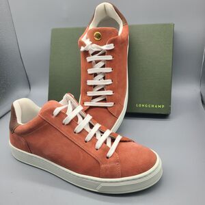 Longchamp Le Pliage Sneakers Terracotta Apricot Suede  lace-up sz US 9/ 40 NEW